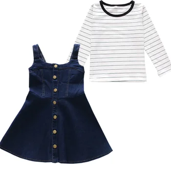 

Kids Suit Girls Autumn New Products Big Boy Children Stripes T-shirt + Cowboy Suspender Skirt Two-Piece Set 4-12 Ages