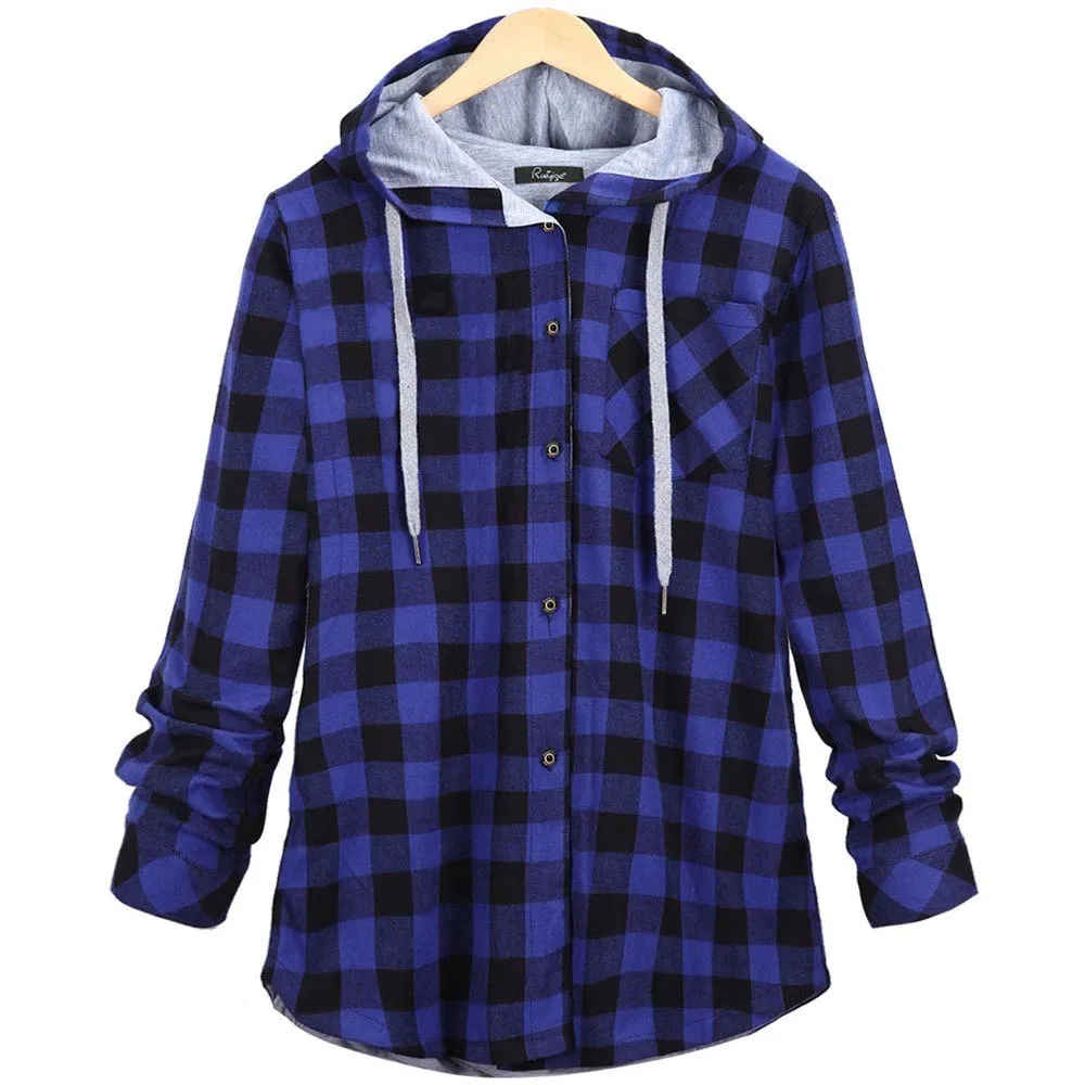 

JAYCOSIN Women's Autumn Winter Long Sleeve Plaid Hooded Casual Jacket Polyester Hooded Polyester Blouse z0829