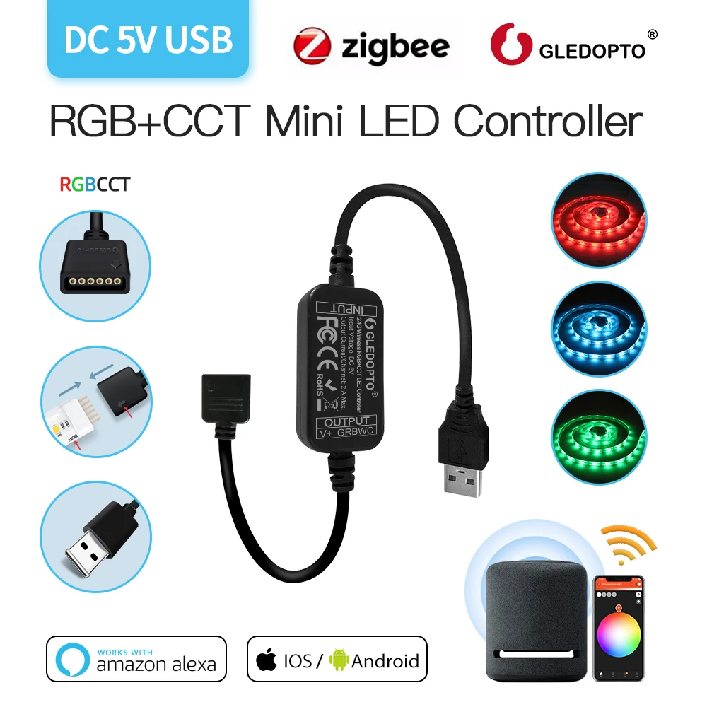 

Мини-контроллер Gledopto Zigbee RGBCCT, Светодиодная лента 2 м, 5 в постоянного тока, подходит для подсветки телевизора, совместим с приложением SmartThings Smart Life