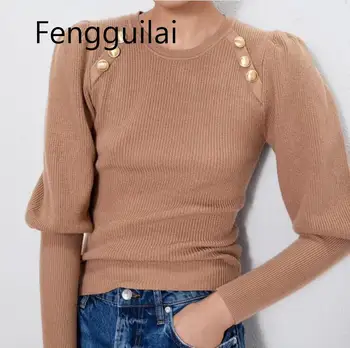 

FENGGUILAI Women's Temperament Long-sleeved Sweater New Ladies Winter Autumn Sweater Long-sleeved Button Solid Color Sweater