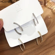 HUANZHI новые корейские S925 Серебряные простые золотые блестящие стразы пересекающиеся металлические серьги-гвоздики для женщин девушек вечерние ювелирные изделия