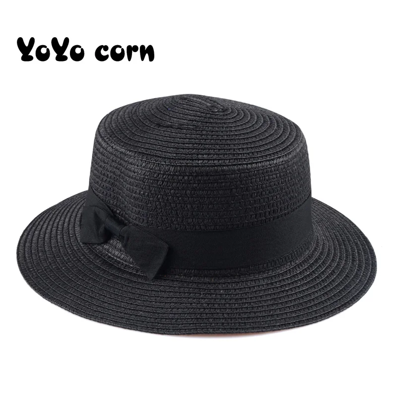 YOYOCORN, простая летняя пляжная шляпа для родителей и детей, Женская Повседневная Панама, женская брендовая шляпа, плоский бант края, соломенная кепка, шляпа от солнца для девочек - Цвет: black