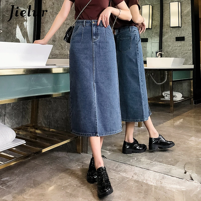 

Jielur Fashion Leisure Slim Skirt Autumn Simple Blue High Waist Skirt Harajuku Plus Size Women Korean Skirts Denim S-5XL