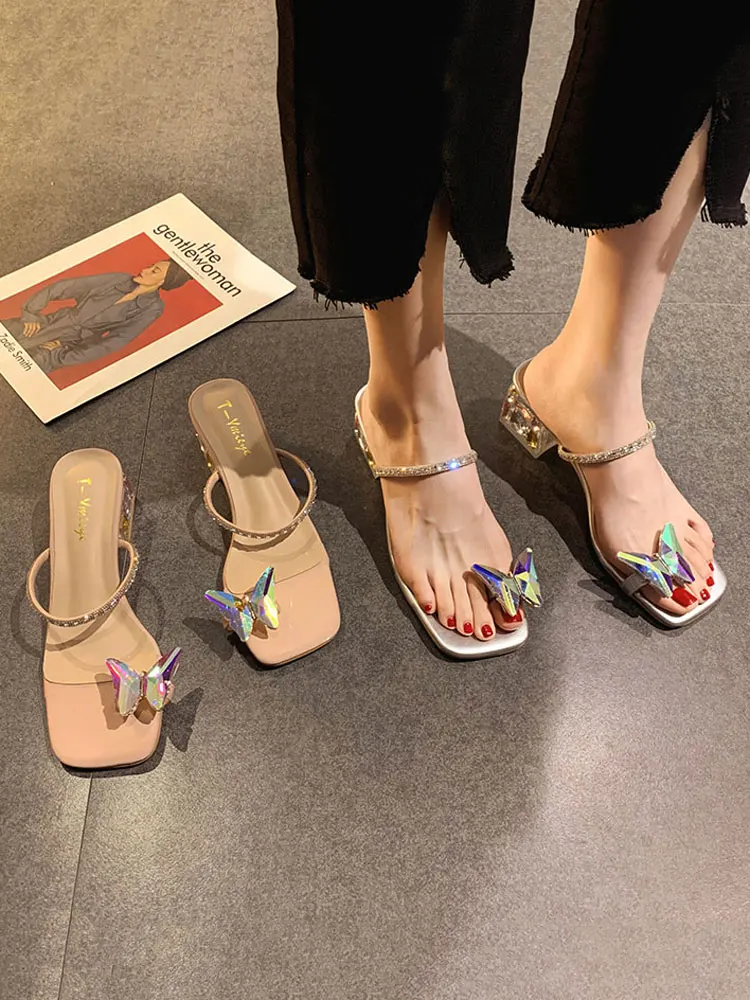 

Women's Shoes Slippers Outdoor Summer 2021 New Style Butterfly Set Toe Crystal Heel Fashion High Heel
