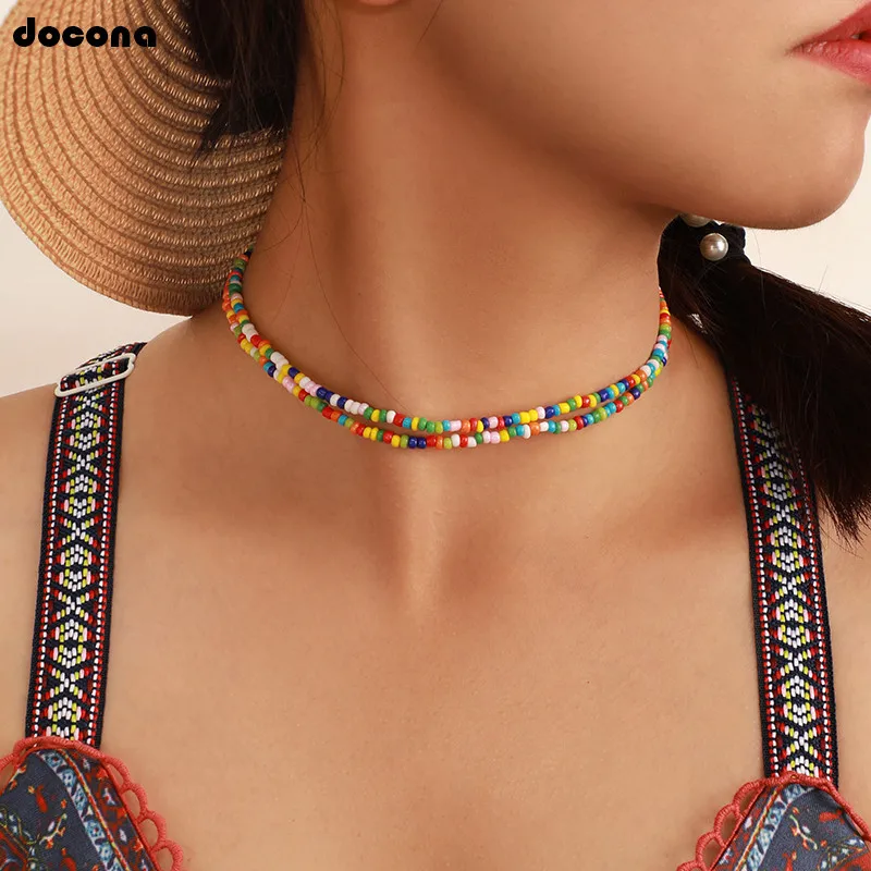 

docona Colorful Beaded Necklace for Women Adjustable Beads Choker Multi Layer Necklace Bohemian Jewelry 7036