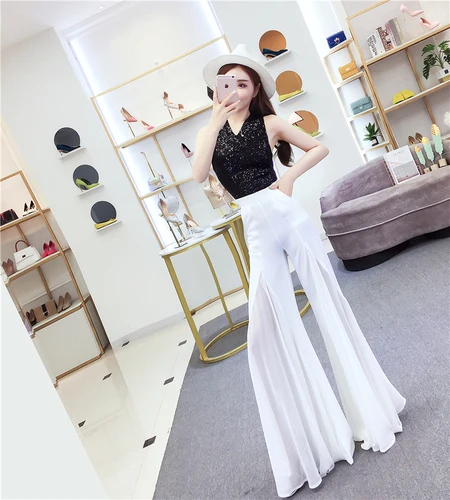 Женские брюки-клеш с разрезом, плиссированные, шифоновые, Pantalon Taille Haute Femme, белые брюки палаццо, Необычные брюки для женщин