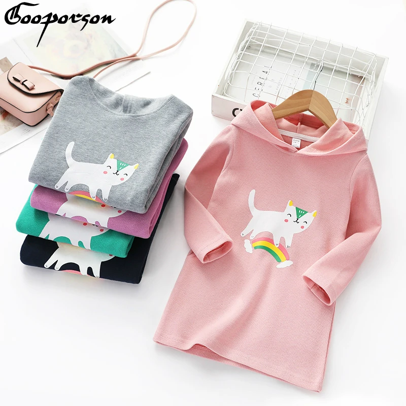 Осеннее платье для девочек Новинка года, детская длинная рубашка в Корейском стиле, платье иностранный стиль, Повседневное платье для малышей одежда с капюшоном, Платье Прямая поставка