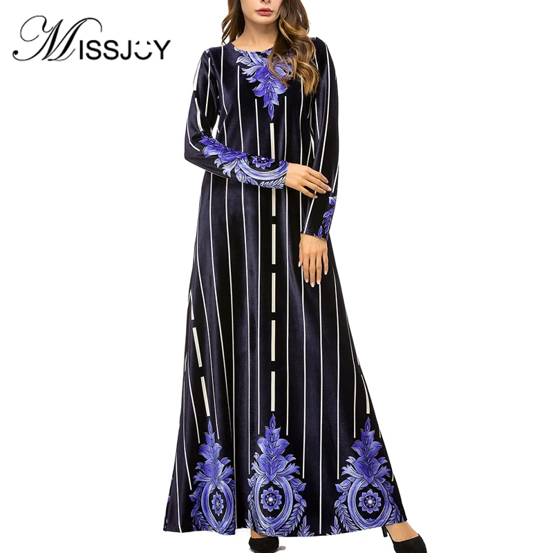 

Vestido terciopelo Pakistani Velvet Dress Dubai Abaya Qatar Uae Turkish Women Long Sleeve Striped islamic Blue Dress
