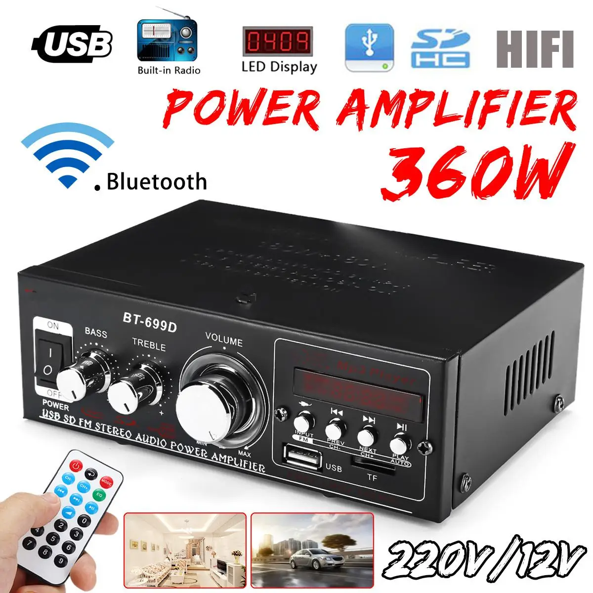 

360W 2CH HIFI Audio Power Amplifier 12/220V Home Theater Amplifiers Audio with Remote Control Support FM USB SD Card bluetooth