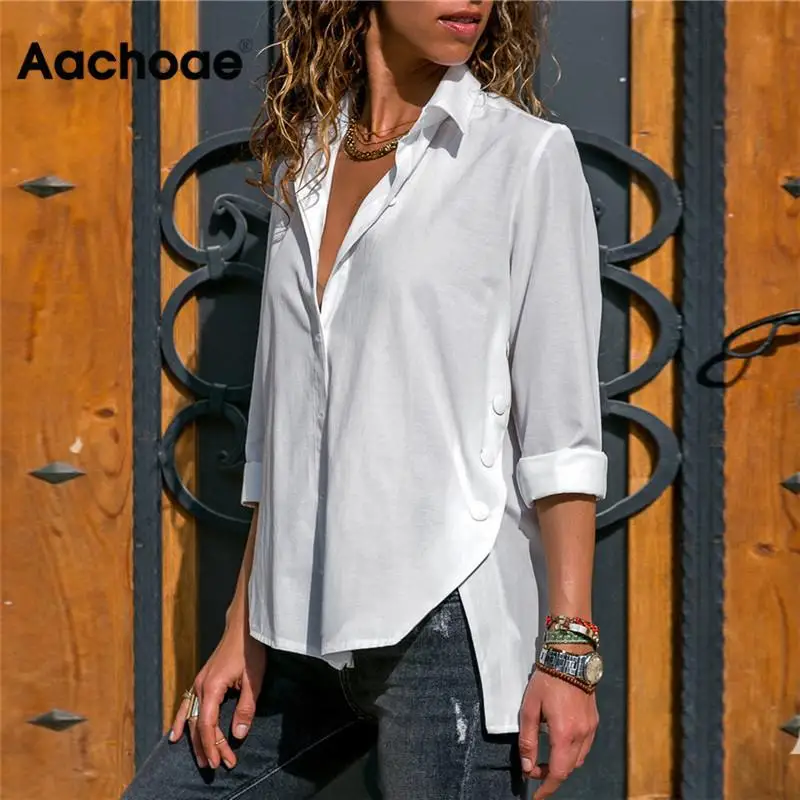 Aachoae Women Blouses Spring Summer 2020 Solid Button Blouse Long Sleeve Turn Down Collar Shirt Tunic Casual Loose Ladies Tops Aachoae Women Blouses Spring Summer 2020 Solid Button Blouse Long Sleeve Turn Down Collar Shirt Tunic Casual Loose Ladies Tops
