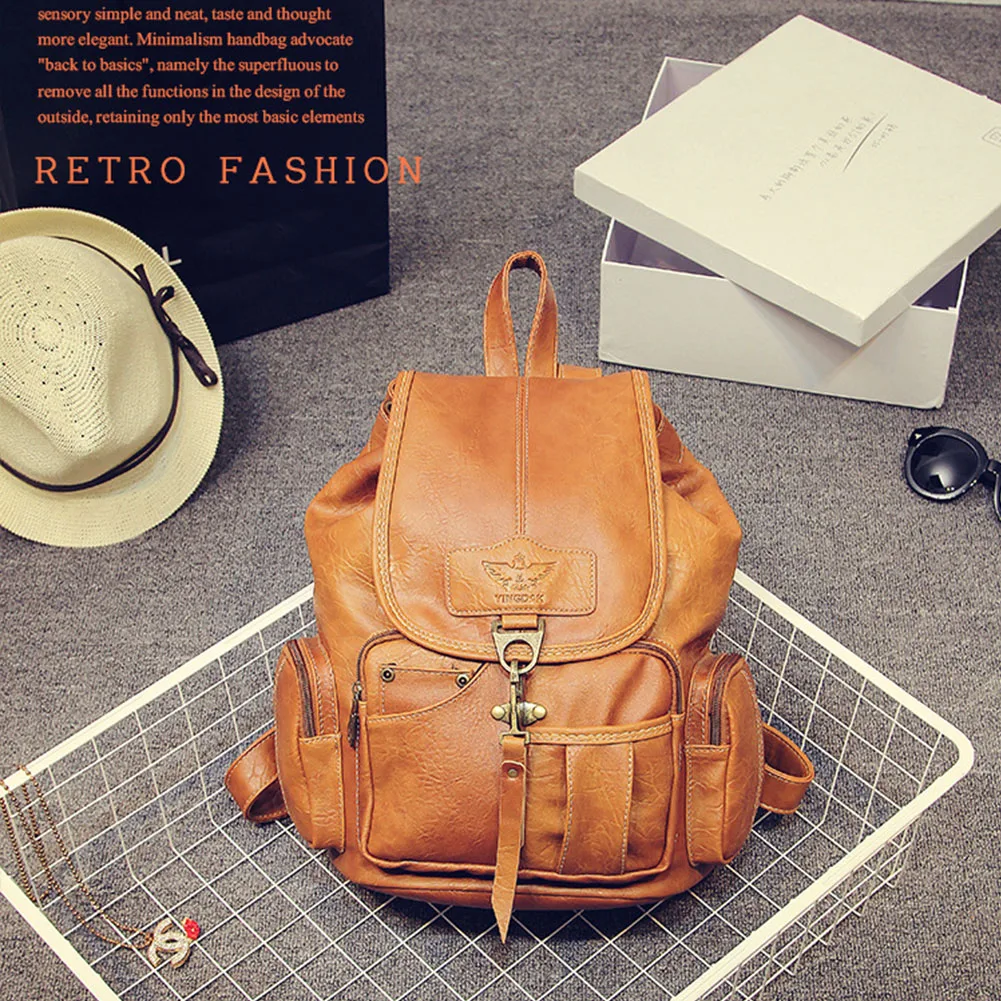 

Women Soft Large Capacity Backpack Hook Closure Fashion With Zipper Students Multi Pocket Top Handle Casual Travel PU Leather