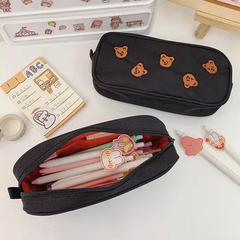 

Kawaii Cartoon Bear Embroidery Pencil Bag Student Large Capacity Handbag Cosmetic Storage Bag Korean Stationery School Supplies