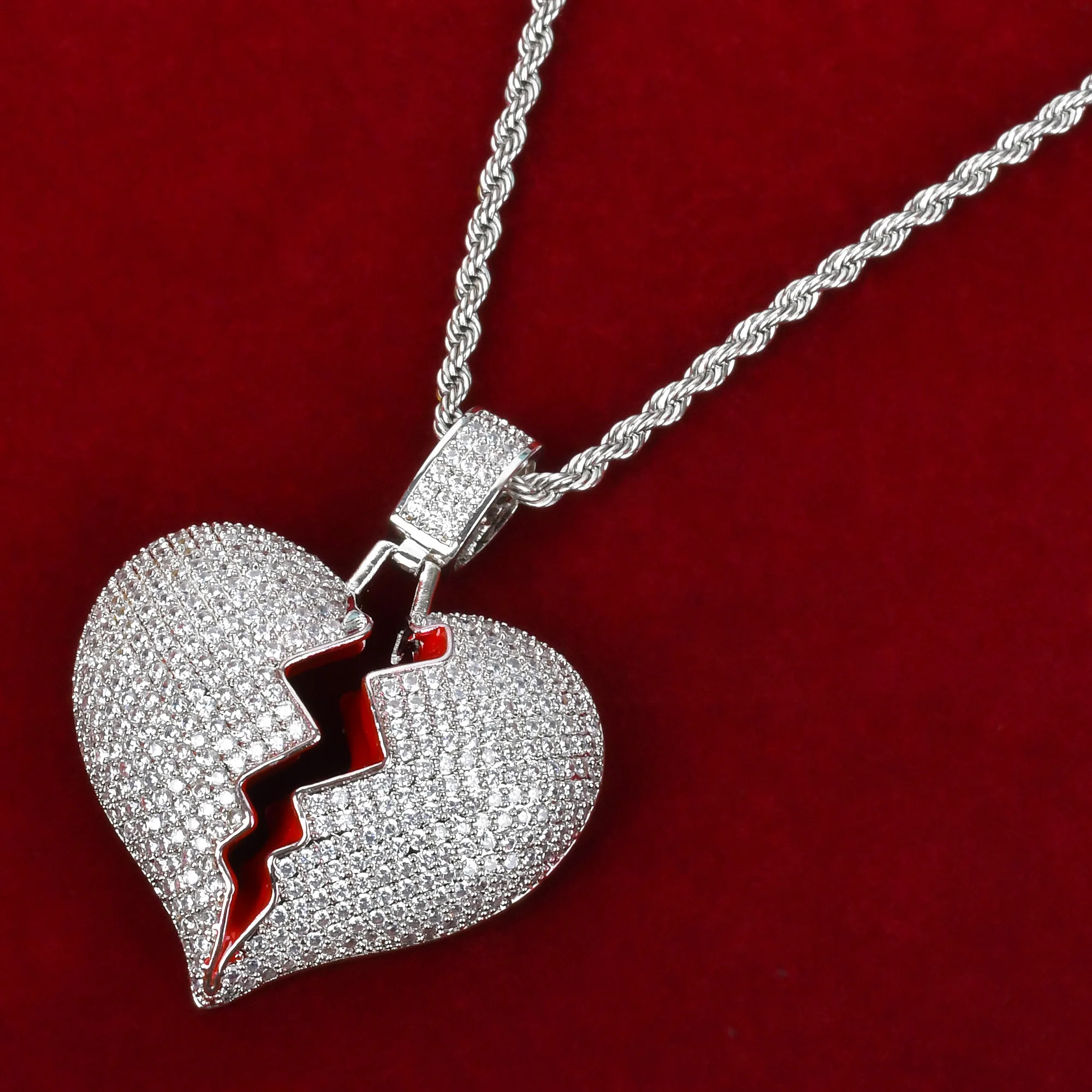 Small Cubic Zirconia and Red Enamel Broken Heart Necklace Charm in Solid  Sterling Silver | Banter