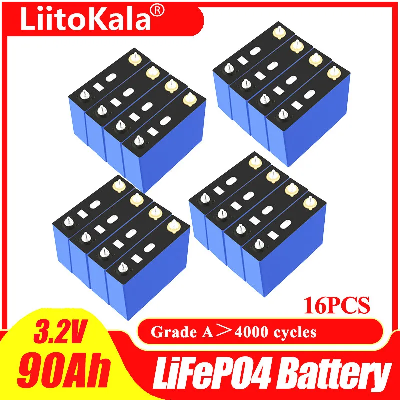 

16pcs LiitoKala 3.2V 90Ah Lifepo4 Battery Lithium Iron Phosphate for 12v 24v Campers Golf Cart Off-Road Off-grid Solar Wind