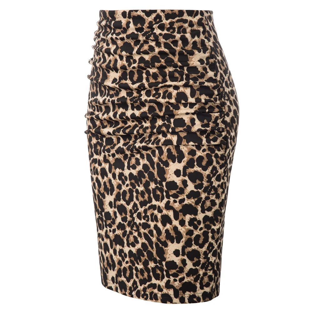 Grace Karin Fashion Women Leopard Pattern Pencil Skirt Ruched Front Vintage Hips-Wrapped Bodycon Lady Elegant Tight Skirts