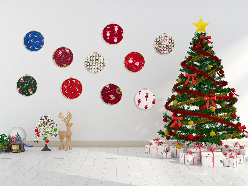 

(10pcs/set) original design Nature Bamboo round fabric wall decoration room décor Christmas series printed cotton No.QS23-13