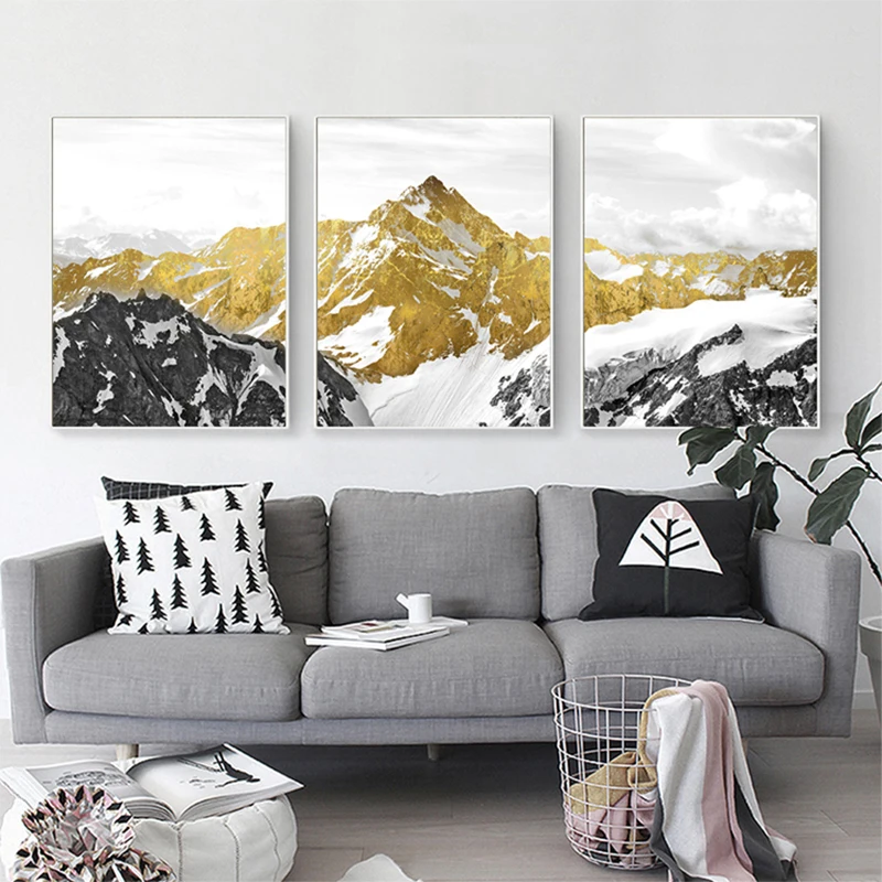 Настенный Арт холст плакат картина 3 панели золотой снег горы абстрактные принты картины украшение дома для гостиной рамки
