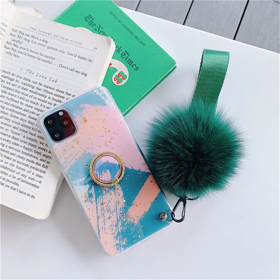 USLION Золотой фольга волос мяч ремешок чехол для телефона для iPhone 11 Pro Max X XS XR Xs Max 6 6s 7 8 Plus Мягкий ТПУ с держателем задняя крышка
