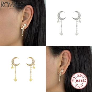 

Romad 925 Sterling Silver Stud Earrings Crescent Moon Zircon Tassel Long Chain Earrings For Women Fine Jewelry Aretes 2020 W5