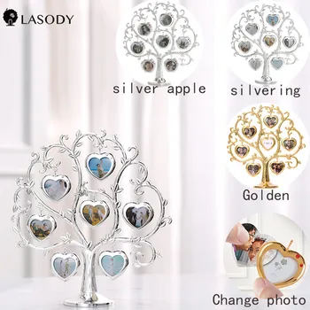 

Golden/Silver Tree Shape Photo Frame Heart/Apple Gift Family Tree with 7 Hanging Picture Frames Fits 1.5x1.5 Photo