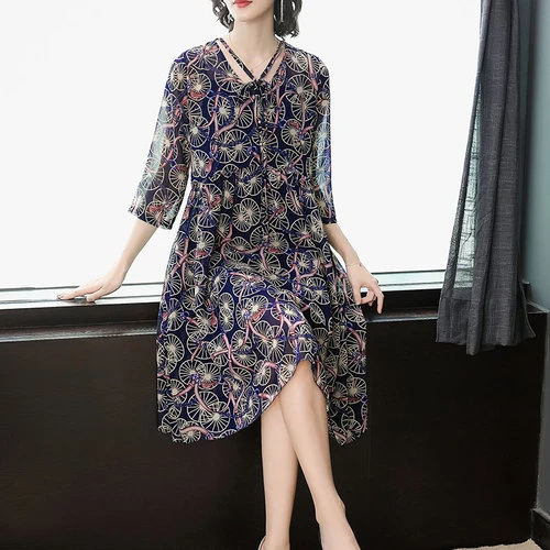 

2019 Spring Summer Fashion Printed Women Dress New Style Seven-minutes Sleeve Xxxl Work Wear Female Elegant Temperament Dresses