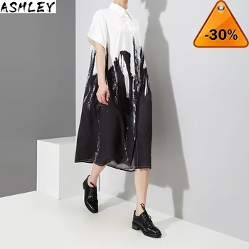 

Split Women Prints Joint Long Big Size Blouse New Lapel Long Sleeve Loose Fit Shirt Fashion Tide Spring Autumn 2020