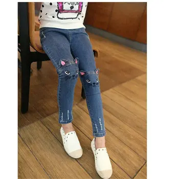 

Jeans for Girls Hot Sale Fashion Embroider Denim Pants Cute Cat Elastic Waist Pants Kids Skinny Jeans for Baby Girls Trousers