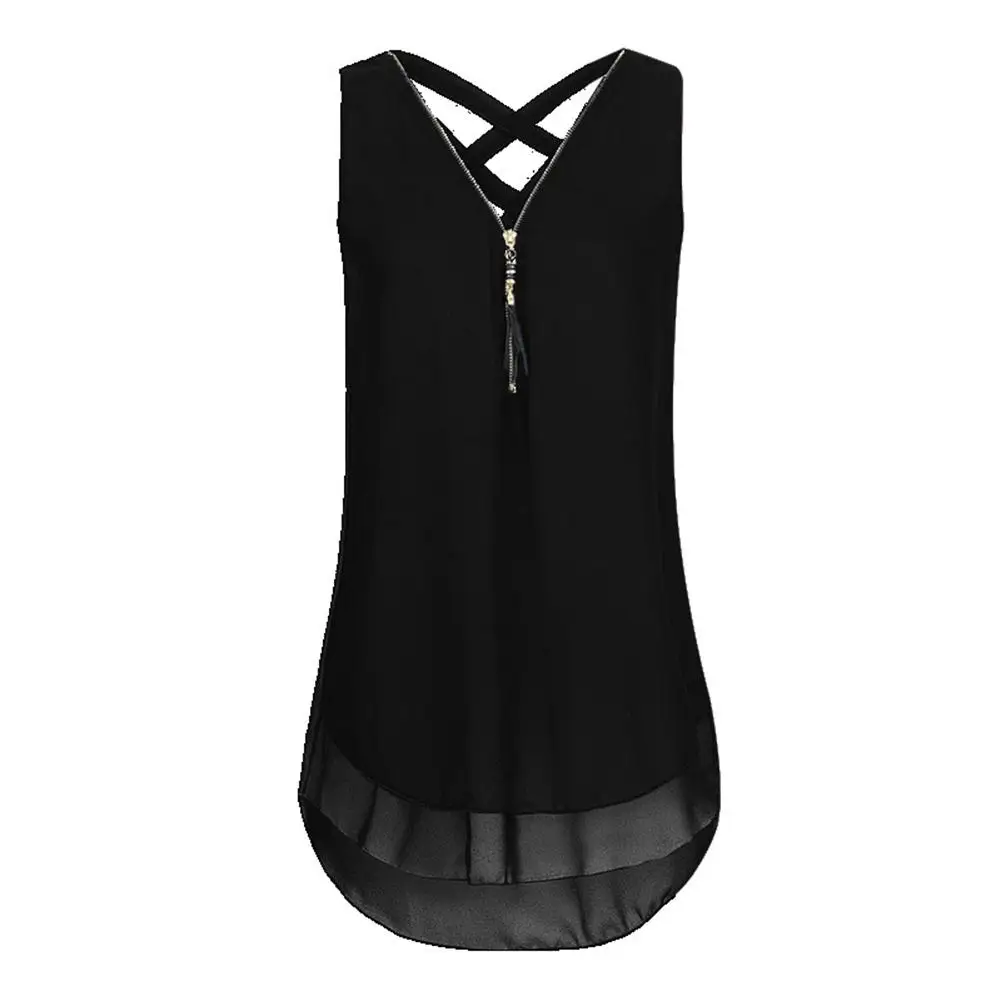 2021 New Summer Plus Size Lady Solid Color Casual V Neck Sleeveless Loose Chiffon Zipper Tanks  Hollow Out T-Shirts Vest chrome hearts t shirt Tees