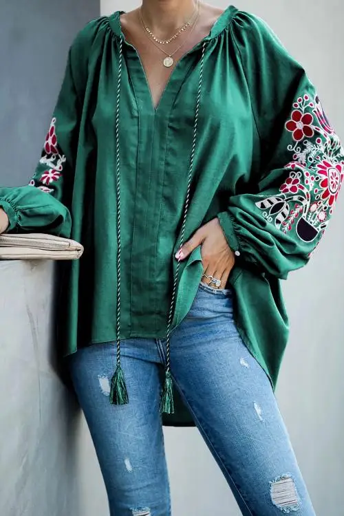 Зеленая/черная/синяя/Розовая Расслабляющая облегающая блузка с цветочной вышивкой в крестьянском стиле, Женская Повседневная Свободная Осенняя блузка с длинными рукавами
