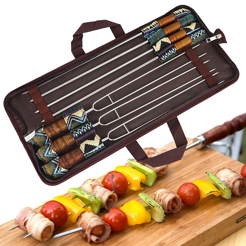 5pcs U-shaped Stainless Steel Barbecue Skewers Grill BBQ Stick Wooden Handle BBQ Forks Outdoor Needle Accessories Cooking Tools