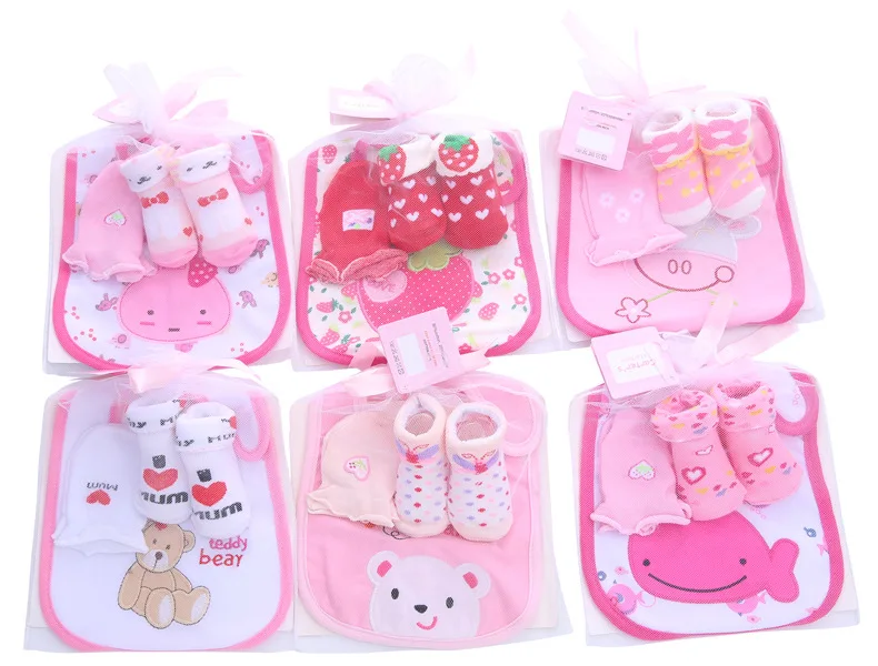 Детские хлопковые нагрудники, Комплект носков для полотенец, Одежда для новорожденных детей+ носки+ антицарапки для мальчиков и девочек, Рождественский подарок на день рождения - Цвет: Розовый