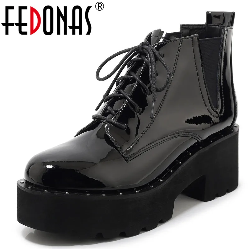 

FEDONAS Black Cow Patent Leather Women Quality Ankle Boots Fashion Chunky Heels Office Night Club Shoes Woman Newest Boots