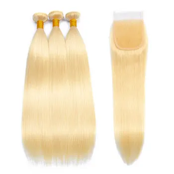 

[Bestsojoy] Straight 8“26” M Brazilian Remy Hair 100% Human Hair Weave Bundles 613 Blonde 3 Bundles With Lace Closure