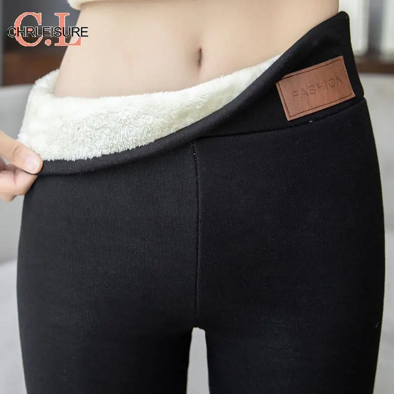 Pantalones de invierno CHRLEISURE para mujer, pantalones gruesos de terciopelo de talla grande, pantalones cálidos para mujer, pantalones ajustados de lana sólida, Leggings