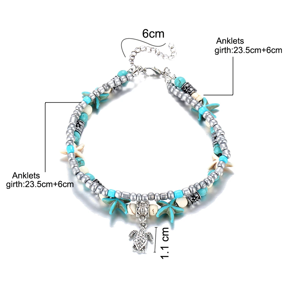 Women Anklet Turtle Heart Starfish Charm Double Layer Beaded Anklet Women Ankle Bracele on the leg Woman's accesories