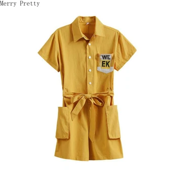 

Womens Rompers Jumpsuit 2020 Spring New Short Sleeve Turndown Collar Casual Loose Overalls Solid Cotton Front Pockets Playsuits