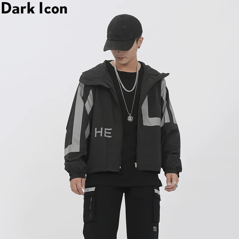 Dark Icon 3M Reflection Jacket Men with Hoodie Black Windbreaker Hooded Jackets Men Short Design Jacket for Men