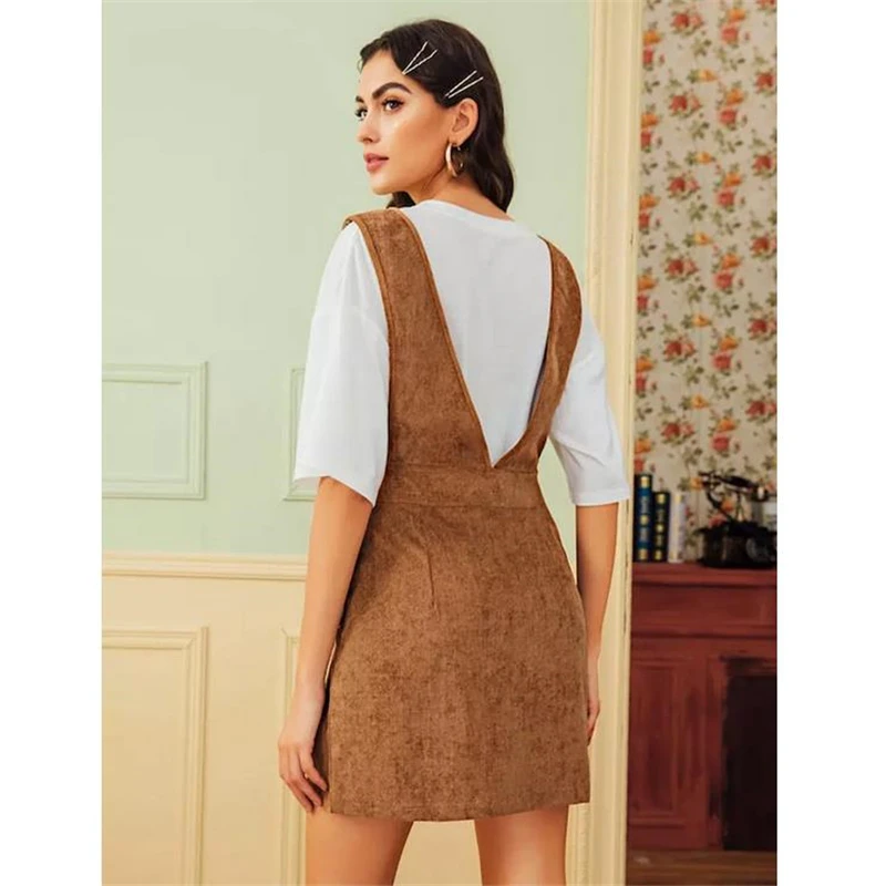 Fashion Women's Bodycon Dress Shoulder Straps High Waist Overall Suspender Dress with Pocket Vintage Autumn Dress Clothes
