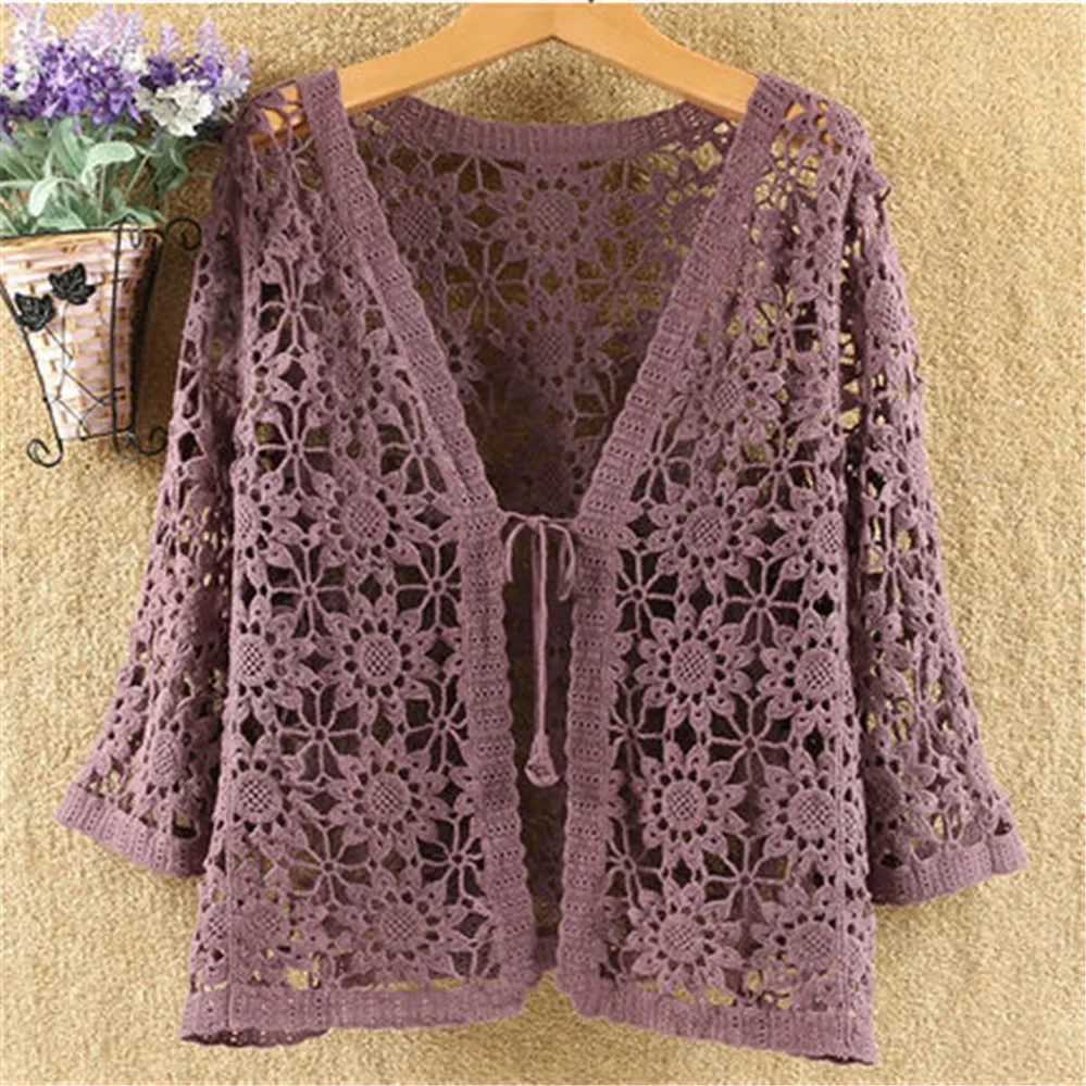 Sexy Hollow Lace Sunscreen Cardigan Sweater Women Wide Loose Air Conditioning Knitted Thin Section Female Spring Autumn |