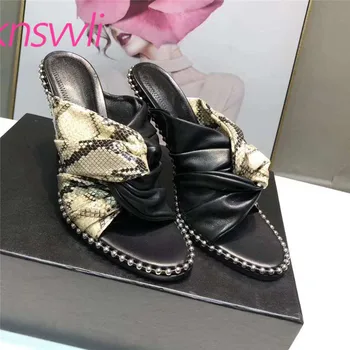 

Snake Pattern Knots Leather Mules High Heels Summer Sandals Woman Rivets Studded Designer Shoes Woman Stiletto Slippers Women