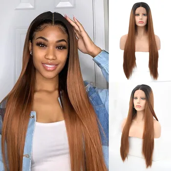 

RONGDUOYI Silky Straight Hair Synthetic Lace Front Wig Ombre Brown Wigs for Woman Heat Resistant Cosplay Wigs Natural Daily Wear