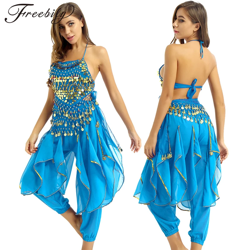 Women India Belly Dance Costume Outfit Indian Performance Clothes Halter Neck Top With Harem Pants And Hip Scarf Dancewear | Тематическая