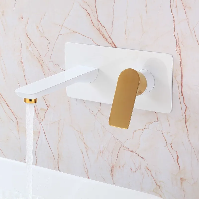 

White gold wall mounted bathroom sink faucet cold hot water mixer basin tap single handle double control with Embedded box