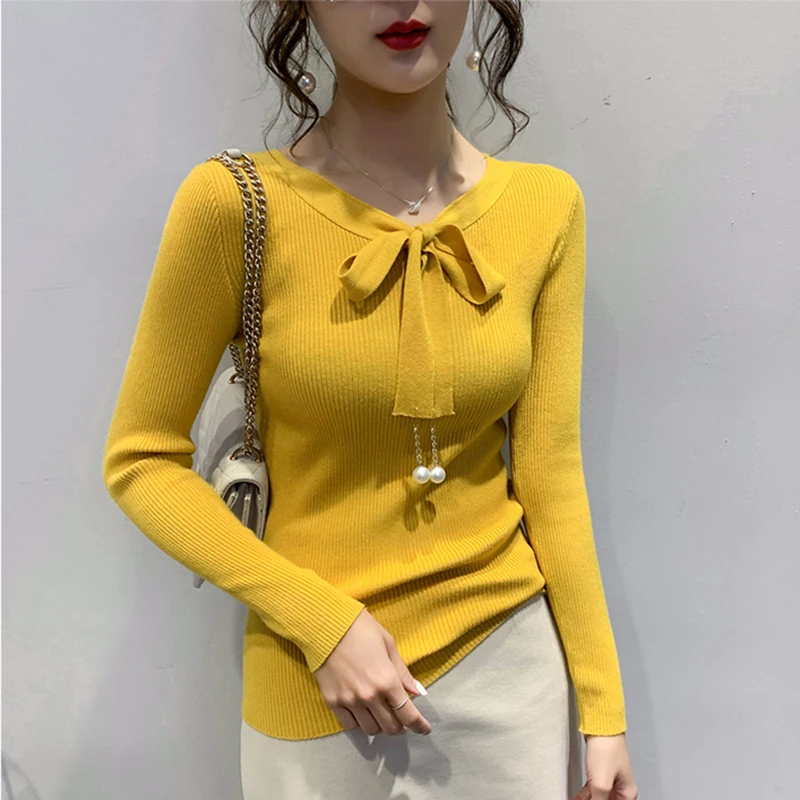 

Bow pullovers sweater Women Tops O-neck Slim sweater Female Base Jumper Ladies sweater 2020 winter casual Tops Pull-over femme