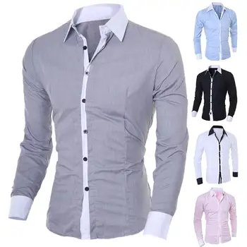 

2019 Hot Men's Slim V Neck Long Sleeve Muscle Solid Shirt Casual Shirts Blouse Men Fit Buttons Shirt Drop Shipping