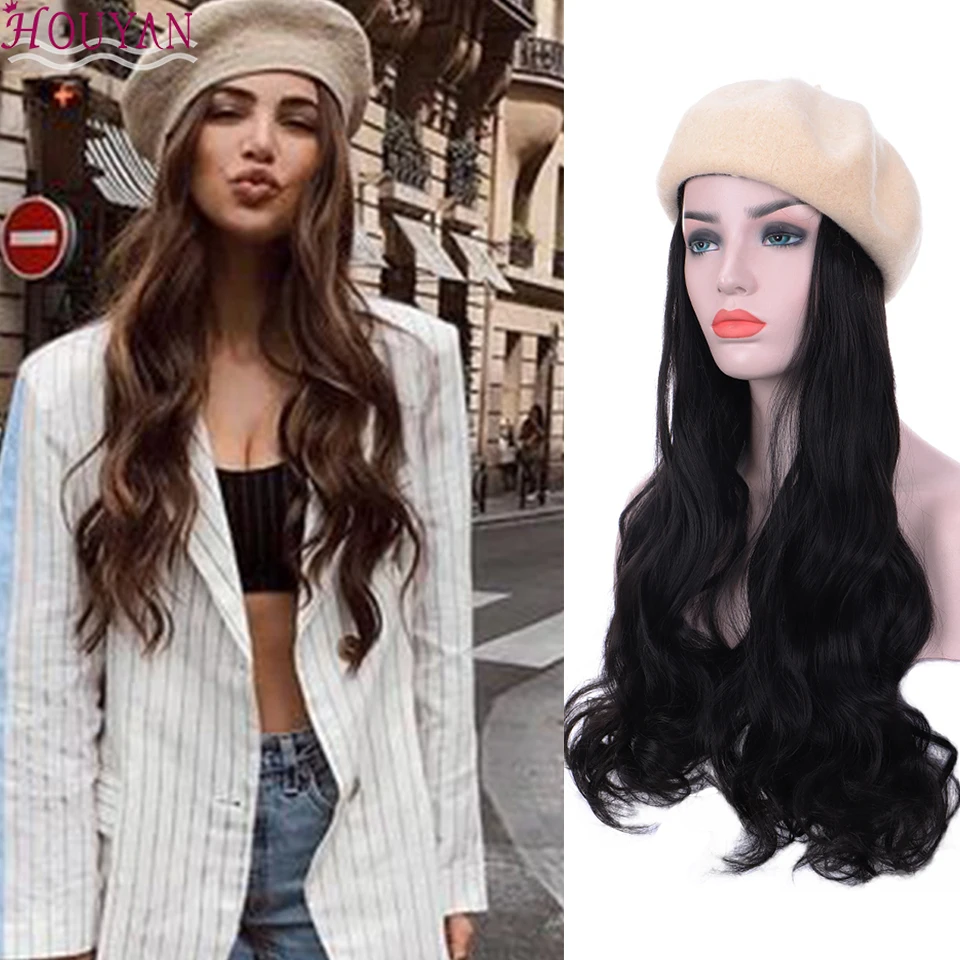 

HOUYAN Synthetic wig with black beret retro vintage beret lady wig high temperature fiber black party wig
