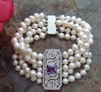 

B091613 8" 5 Strands White Round Freshwater Pearl Bracelet CZ Connector