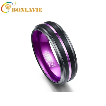 

BONLAVIE Tungsten carbide men's ring 7-12 8MM galvanized black matte finish purple grooved step small bevel wedding jewelry male