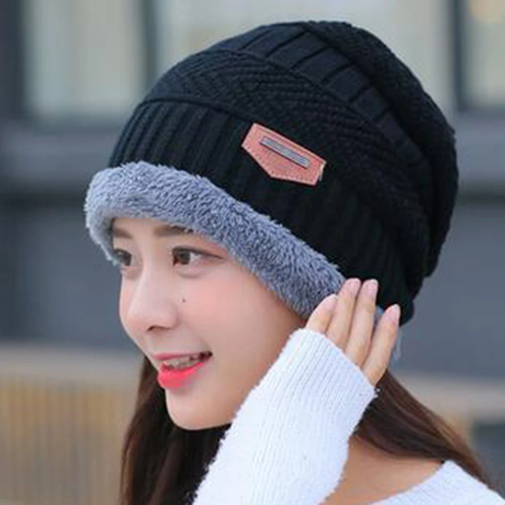 2PCS Men's Women's 2 Sided Beanie Winter Warm Knit Ski Knitted Scarf Hat Windproof Couple Hat Slouchy Hats with Pom Scarves