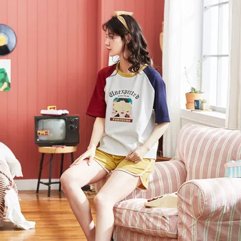 

Style Pajamas Women's Summer Pure Cotton Tracksuit Short Sleeve Thin Cartoon Knitted Cotton Women's Leisure Suit Women Pajamas